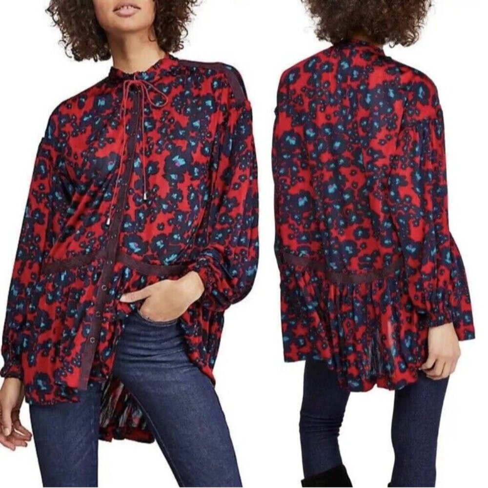 Free People Small Petite Red & Navy Floral Long Sleeve Buttoned Babydoll Dress